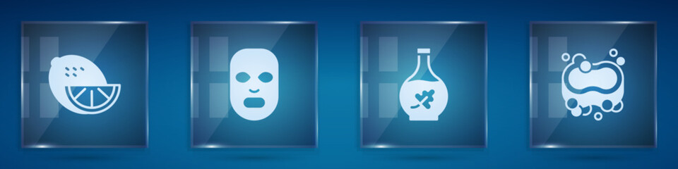 Set Lemon, Facial cosmetic mask, Essential oil bottle and Bar of soap. Square glass panels. Vector