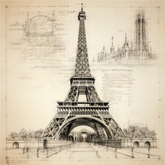 Architectural Hand Sketch of the Eiffel Tower. Generative AI