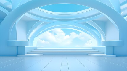 Futuristic Room in Sky Blue Colors with beautiful Lighting. Stunning Background for Product Presentation.