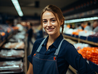 Sorridente giovane caucasica  lavoratrice femminile del supermercato in primo piano, sfondo con prodotti tipici del supermercato - obrazy, fototapety, plakaty