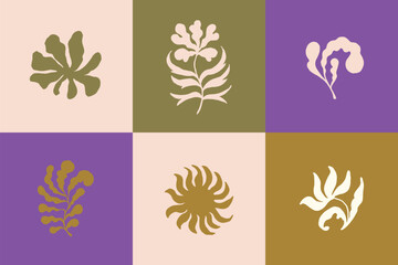 Groovy flowers vector illustration set. Template for wallpaper, banner, postcard, poster, wall art