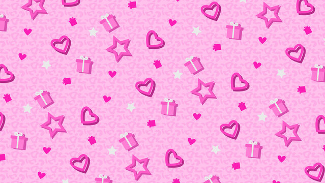 Love Pink Patterns background in pink and white colors with hearts, gifts and stars. Perfect for Valentine's Day, baby, beauty, fantasy, magical, princess videos.