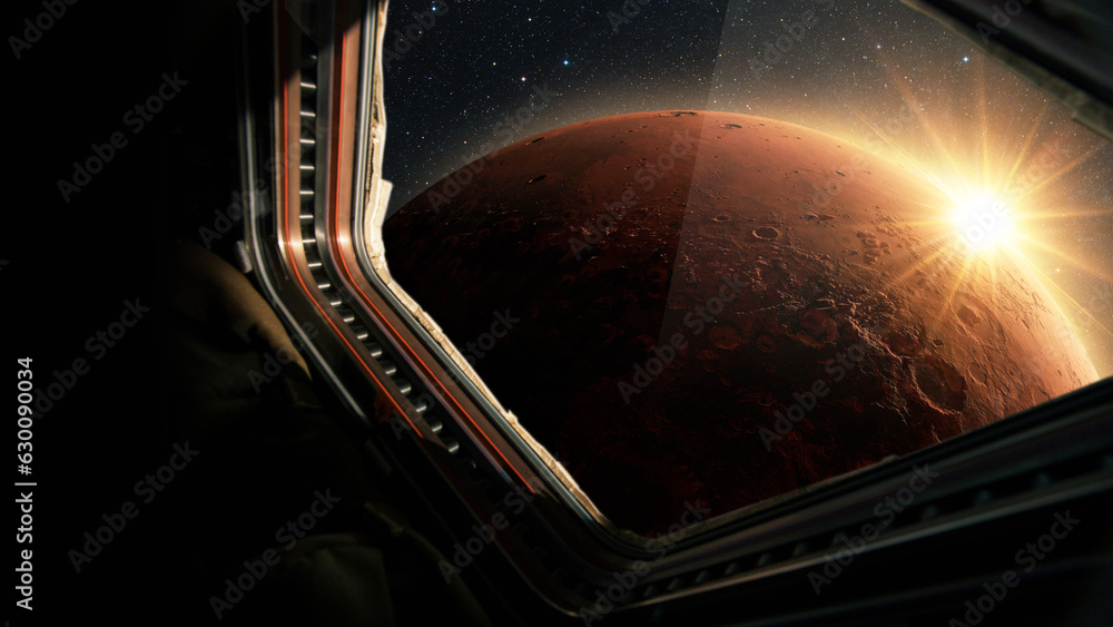 Poster spaceship flies near the amazing red planet mars, view from the window. travel and tourists in space