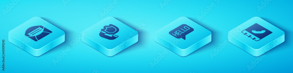 Poster set isometric mail and e-mail, telephone handset with shield, phone book and hello in different lang