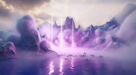 A surreal landscape of majestic purple and white mountains shrouded in fog and reflecting in the still waters of the sky creates a captivating natural wonder