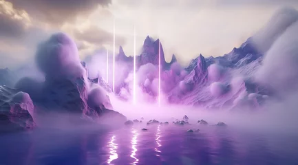 Wall murals purple A surreal landscape of majestic purple and white mountains shrouded in fog and reflecting in the still waters of the sky creates a captivating natural wonder
