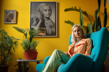 Obraz na płótnie Canvas Beauty, fashion, make-up concept. Beautiful young woman portrait sitting on couch in colorful interior background. Vibrant colors and sensual style. Generative AI