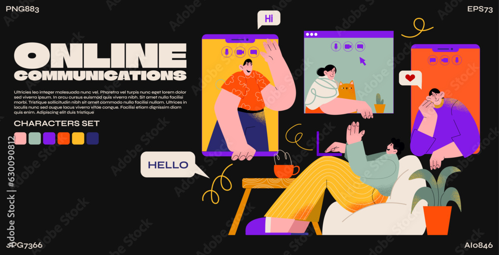 Poster cartoon characters retro frames of online communication tabs. memphis style. abstract geometric line