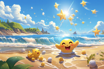 Happy day at the beach with yellow smileys, Image created with artificial intelligence