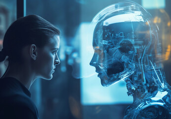 Woman intently observes a lifelike AI in the form of a luminous human hologram. artificial intelligence, future of human-AI interaction, holographic technology (Generated with AI)