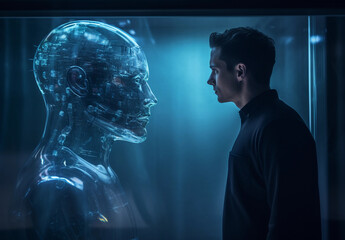 Man intently observes a lifelike AI in the form of a luminous human hologram. artificial intelligence, future of human-AI interaction, holographic technology (Generated with AI)