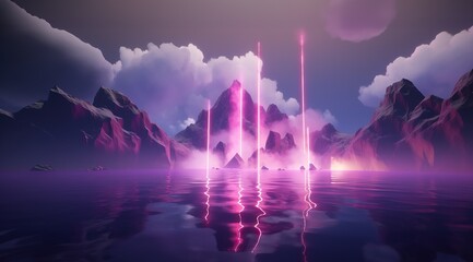 Surreal and majestic, a deep purple sunrise illuminates the reflection of mountains on the still lake, creating an otherworldly landscape beneath a glowing sky, mockup copy space layout for text