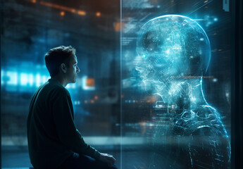 Man intently observes a lifelike AI in the form of a luminous human hologram. artificial intelligence, future of human-AI interaction, holographic technology (Generated with AI)
