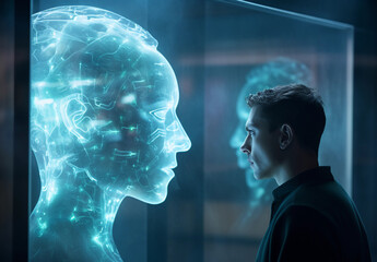 Man intently observes a lifelike AI in the form of a luminous human hologram. artificial intelligence, future of human-AI interaction, holographic technology (Generated with AI)