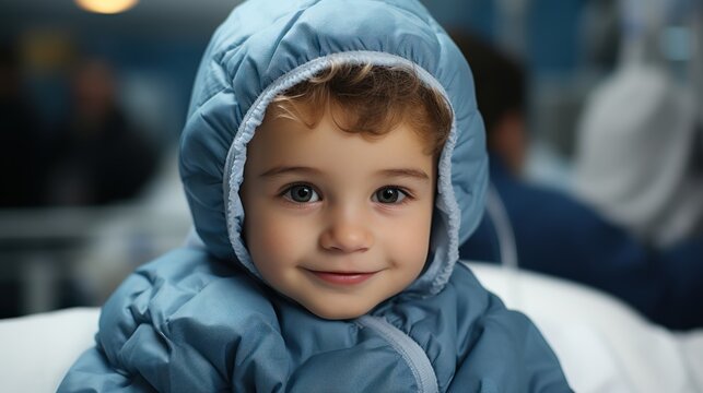 Cute Baby Lying In A Hospital Bed In Nursery Clinic Playful And Healthy Little Boy Medical Health Care, Maternal And Parenthood High Angle Close Up