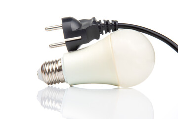 LED lamp and electric cable plug. Saving electricity. Energy saving concept