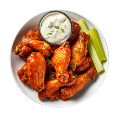 Plate of Buffalo Chicken Wings with Blue Cheese Dressing Isolated on a Transparent Background
