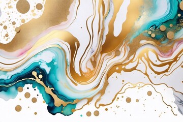 Colorful rainbow alcohol ink Hand painted watercolor painting gold texture background.