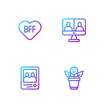 Set line BFF or best friends forever, Family photo, and Video chat conference. Gradient color icons. Vector