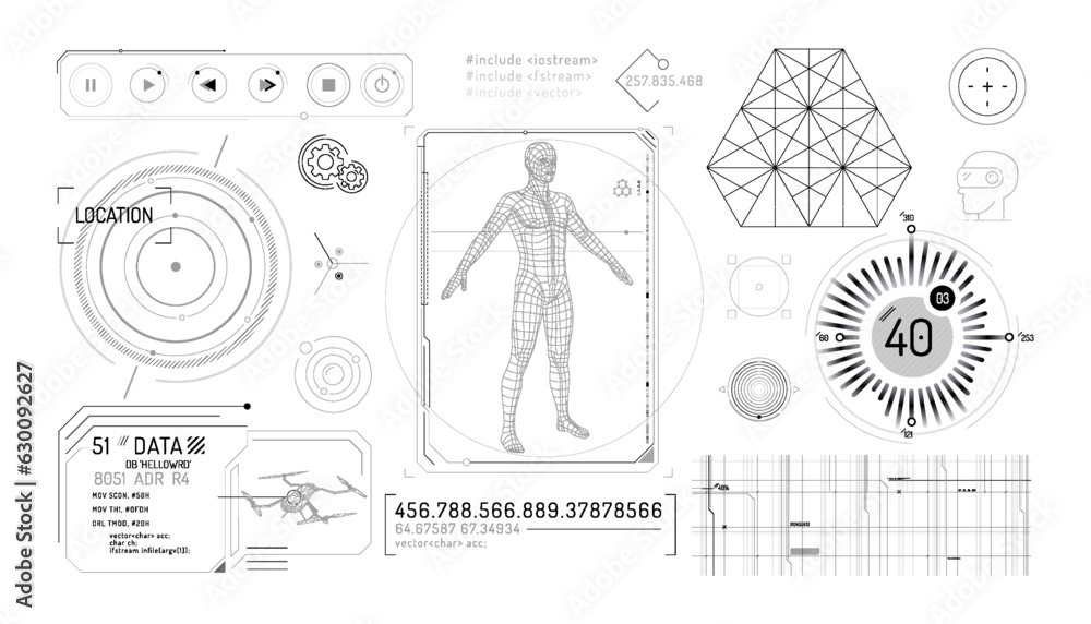 Poster set of infographic elements about drone control and augmented reality.