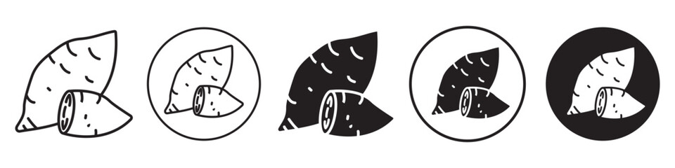 Sweet potato symbol icon set collection. Vector red or purple hot boiled raw potato diet meal. Sliced and whole baked potato flat outlined illustration for web app ui. Healthy ground fruit vegetable
