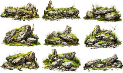 Isolated mossy, forest stones and rocks