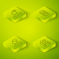 Set Isometric line Sedative pills, Broken heart or divorce, Medicine tablet and Solution problem psychology icon. Vector