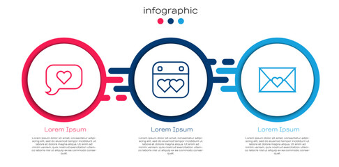 Set line Heart in speech bubble, Calendar with heart and Envelope Valentine. Business infographic template. Vector