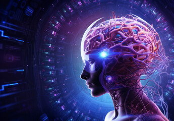 Woman’s head enveloped in a vibrant aura of purple energy, symbolizing the power and mystery of the brain's neuroscientific workings. neural energy, neuroscience (Generated with AI)