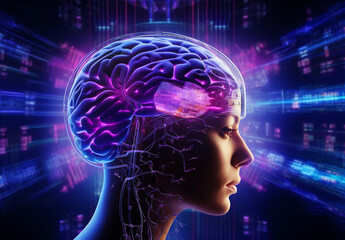 Woman’s head enveloped in a vibrant aura of purple energy, symbolizing the power and mystery of the brain's neuroscientific workings. neural energy, neuroscience (Generated with AI)