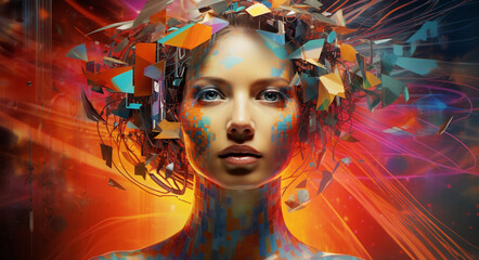 Woman’s head enveloped in a vibrant aura of purple energy, symbolizing the power and mystery of the brain's neuroscientific workings. neural energy, neuroscience (Generated with AI)