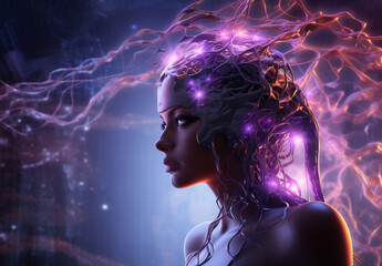 Woman’s head enveloped in a vibrant aura of purple energy, symbolizing the power and mystery of the brain's neuroscientific workings. neural energy, neuroscience (Generated with AI)