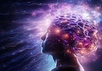 Woman’s head enveloped in a vibrant aura of purple energy, symbolizing the power and mystery of the brain's neuroscientific workings. neural energy, neuroscience (Generated with AI)
