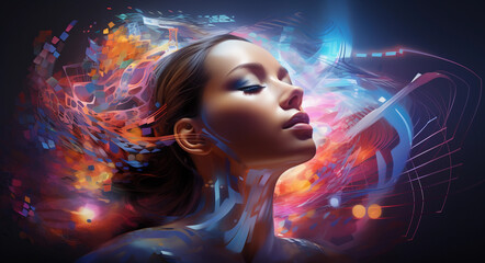 Woman’s head enveloped in a vibrant aura of purple energy, symbolizing the power and mystery of the brain's neuroscientific workings. neural energy, neuroscience (Generated with AI)