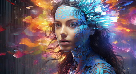 Woman’s head enveloped in a vibrant aura of purple energy, symbolizing the power and mystery of the brain's neuroscientific workings. neural energy, neuroscience (Generated with AI)