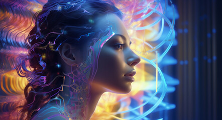 Woman’s head enveloped in a vibrant aura of purple energy, symbolizing the power and mystery of the brain's neuroscientific workings. neural energy, neuroscience (Generated with AI)
