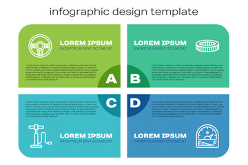 Set line Car air pump, Steering wheel, Motor gas gauge and filter. Business infographic template. Vector