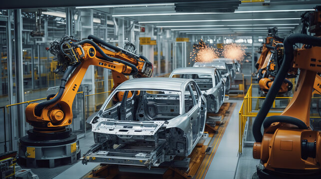 Automated Robot Arm Assembly Line Manufacturing High-Tech Green Energy Electric Vehicles. Construction, Building, Welding Industrial Production Conveyor. Generative AI.