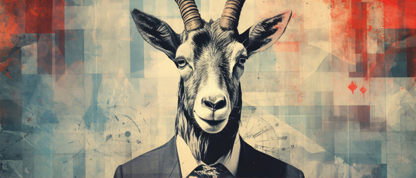 Contemporary minimal collage art. Sketch cosmic goat in creative space.