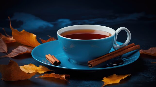 Autumn tea with cinnamon on blue background. Generative AI