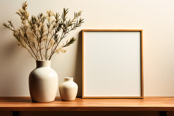an empty blank frame next to a vase of herbs