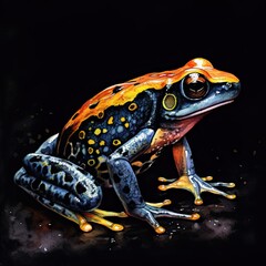 Watercolor portrait of a beautiful poison dart frog in colorful, bright, vibrant, and trippy colors