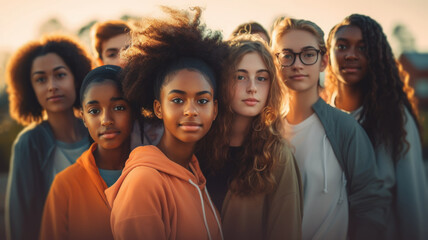 Fototapeta premium A diverse group of teenagers enjoying each other’s company and showing that friendship transcends cultural and ethnic differences, friendship knows no borders