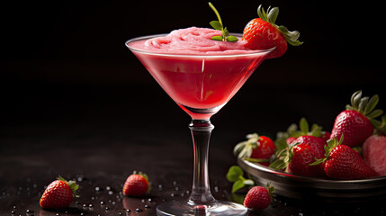 Red strawberry frozen martini cocktail on dark background
