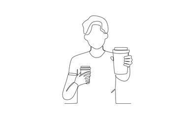 A man gave a cup of coffee to his friend. International coffee day one-line drawing