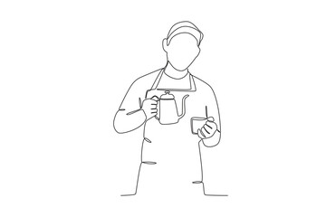 A man holding a cup of coffee and a teapot. International coffee day one-line drawing
