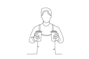 A barista holding two cups of coffee. International coffee day one-line drawing