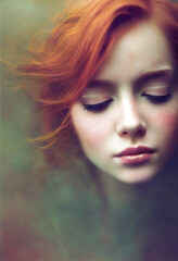 Illustration of a beautiful redhead model with her eyes closed and assuming a dream-like pose