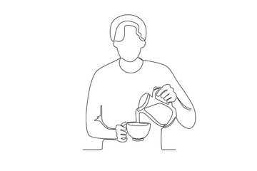A man makes a cup of coffee. International coffee day one-line drawing
