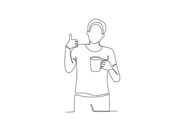 A man holding a cup of coffee with a thumbs up. International coffee day one-line drawing